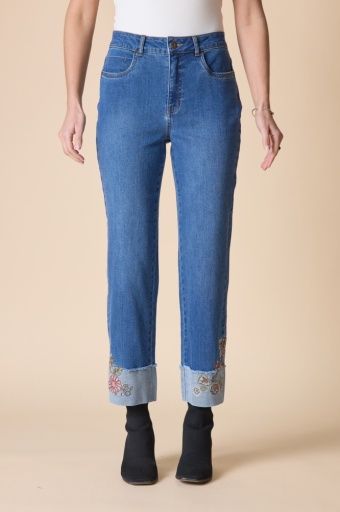 Stretch Denim Embroidered Cuff Jean