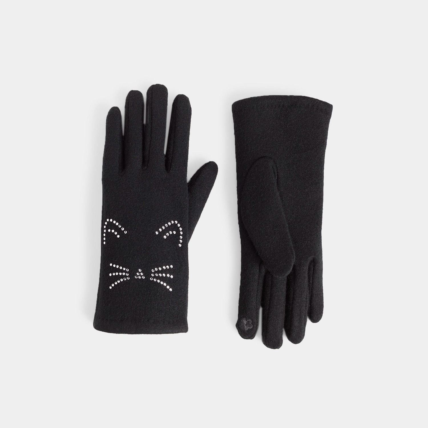 Bedazzle Cat Touchscreen Gloves - Black