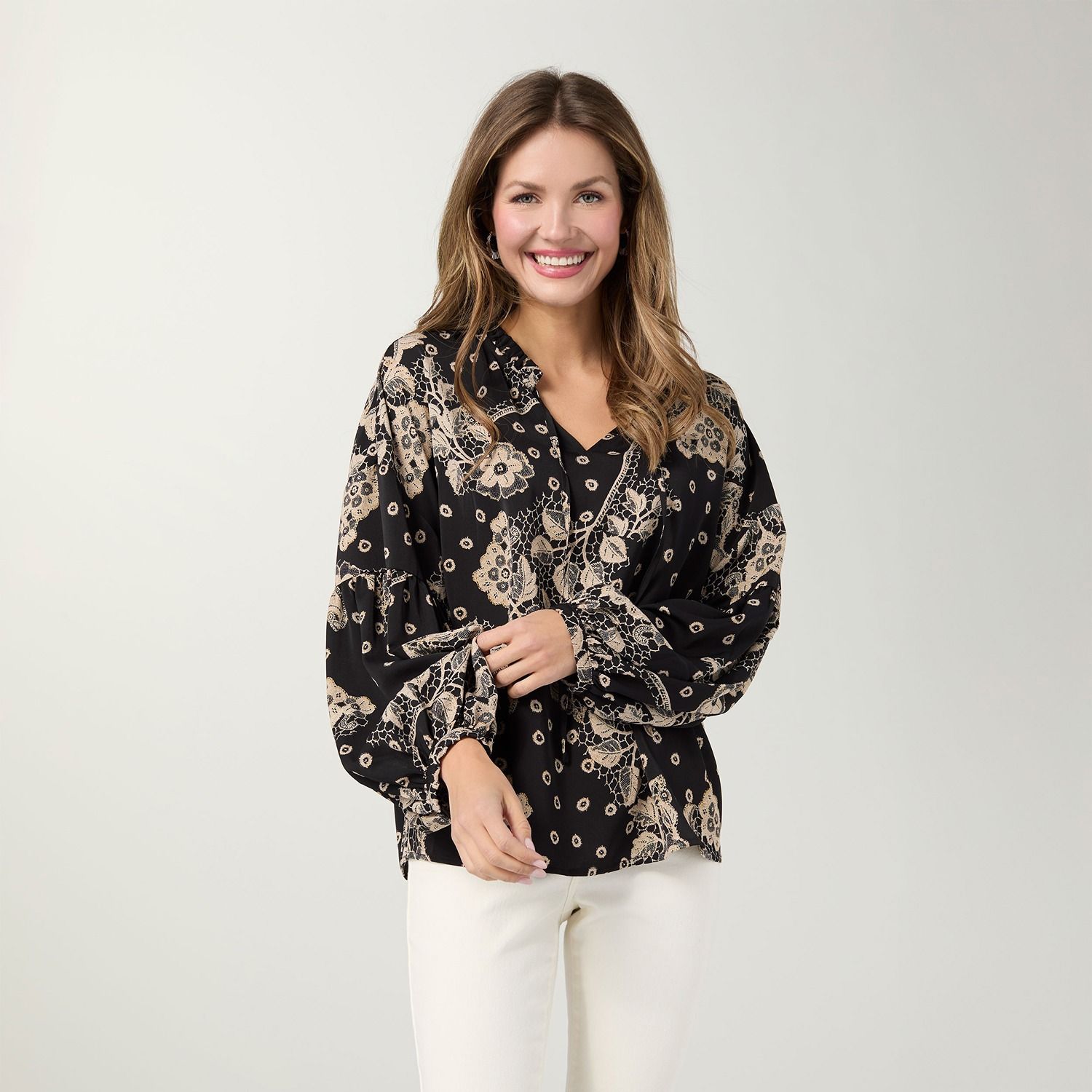 Sheridan Printed V-Neck Blouse, Color: Black/Cream, Size: Small/Medium