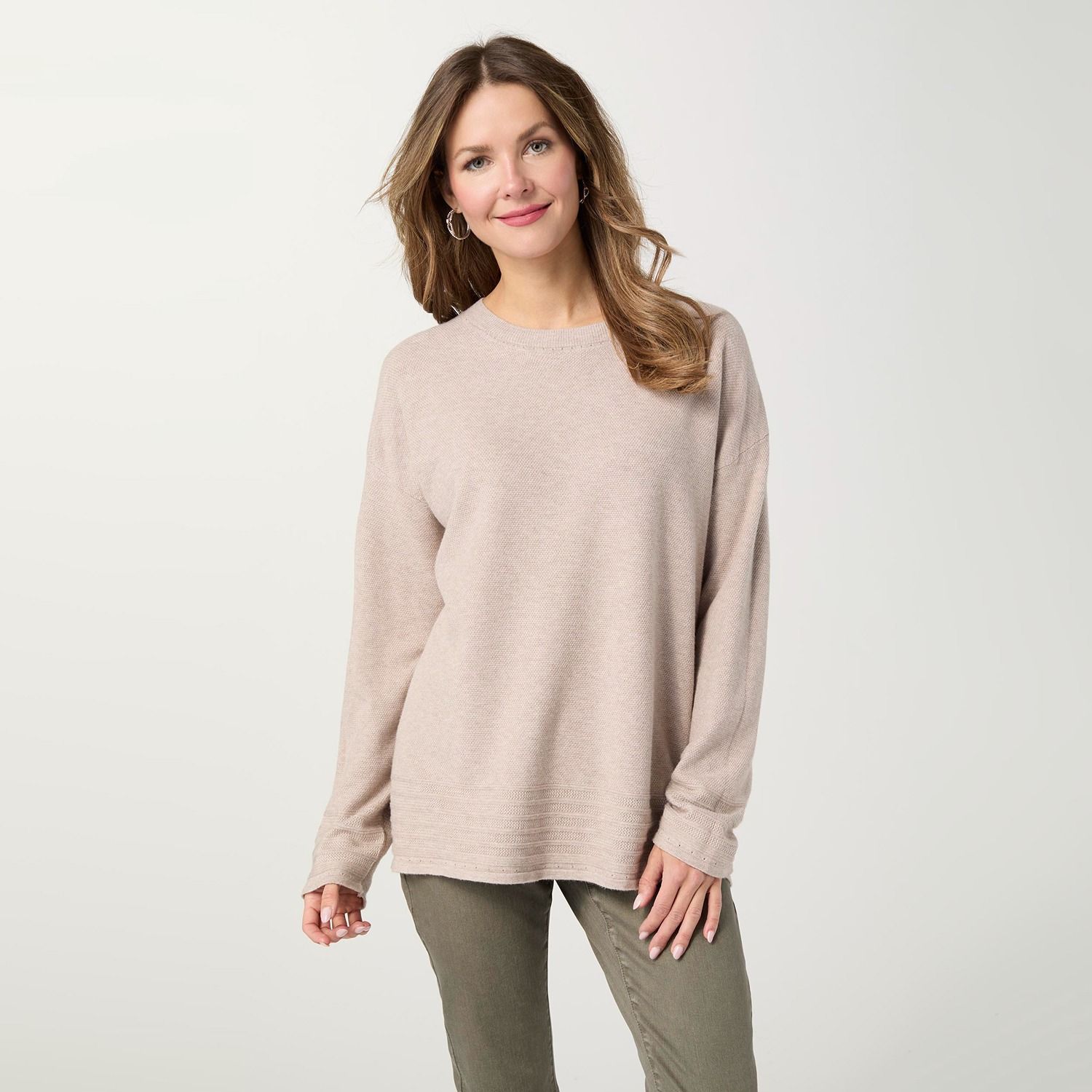 Arvilla Sweater w/ Border Detail, Color: Doeskin, Size: Small/Medium