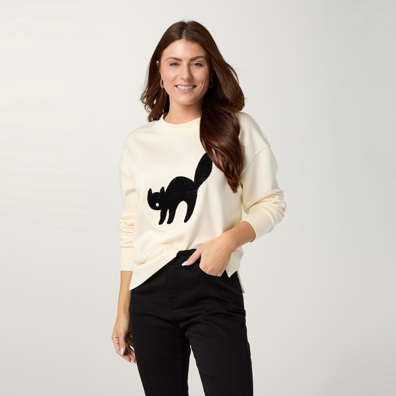 Cat Sweatshirt w/ Side Slit, Color: Cream, Size: Small/Medium