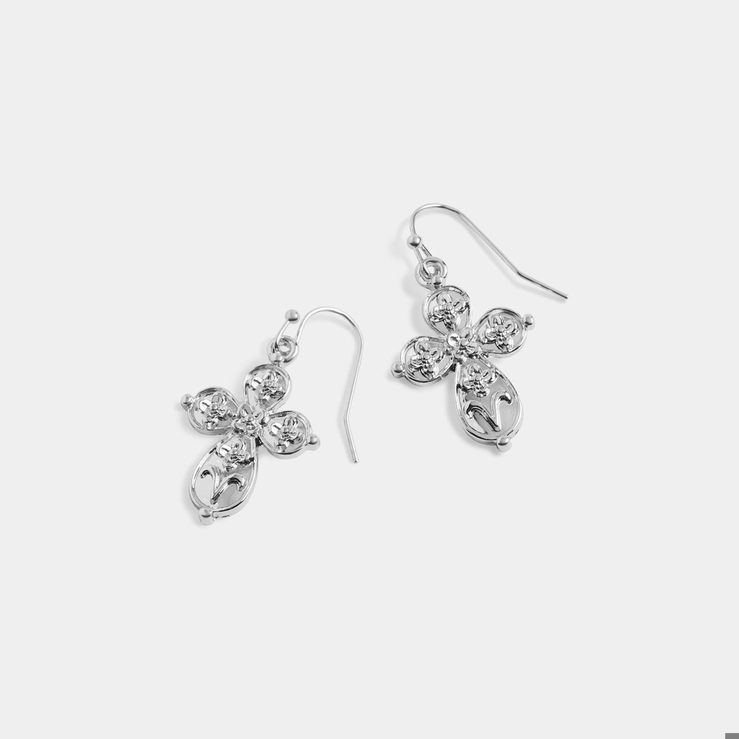 Whispers Floral Cross Dangle Earrings - Silver