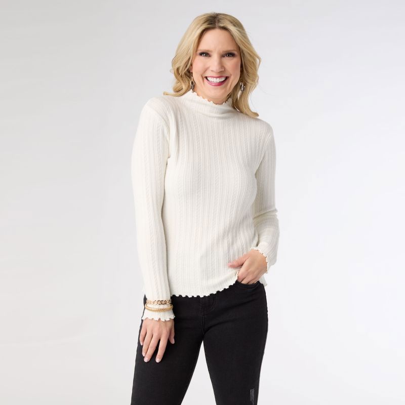 Avalee Funnel Neck Cable Knit Sweater, Color: White, Size: Small/Medium