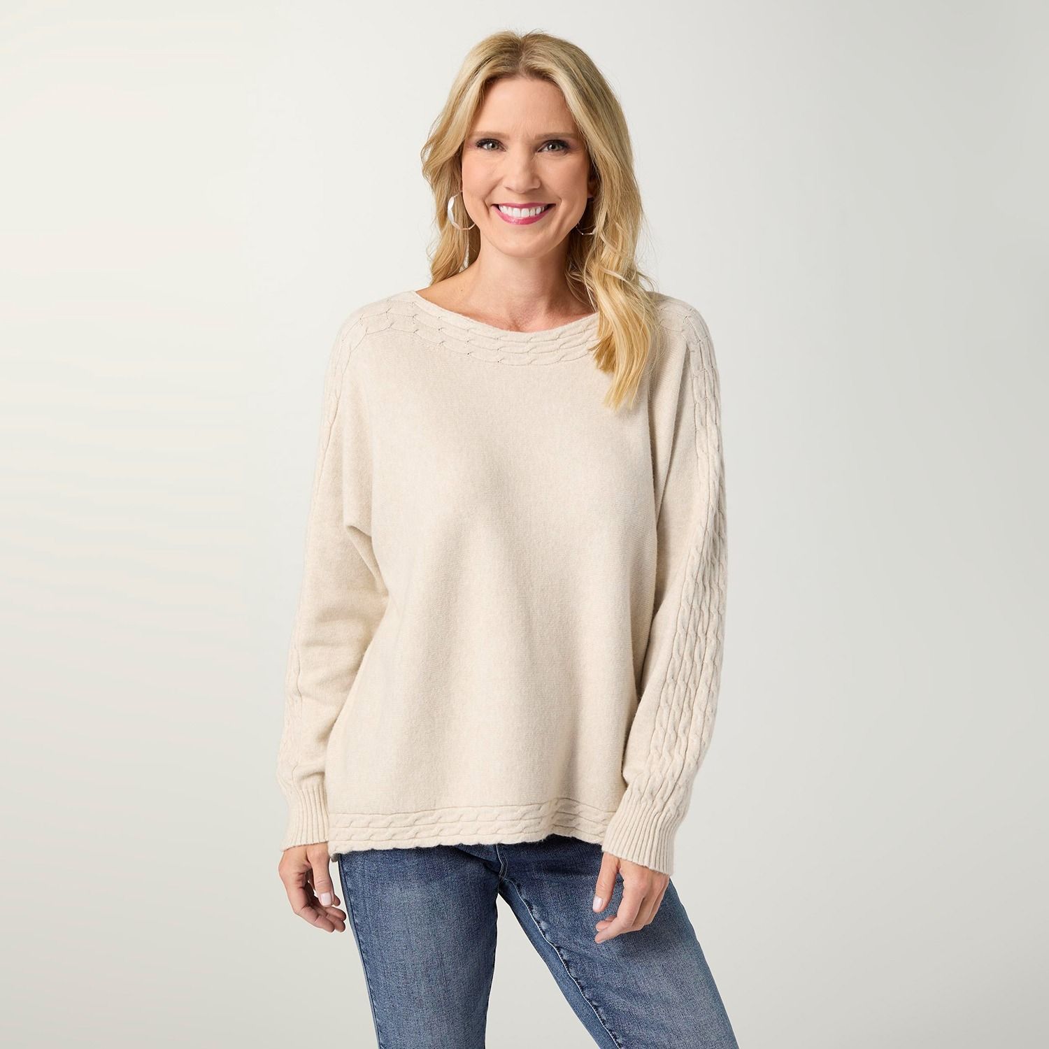 Heavenly-Luxe Cable Knit Detail Dolman Sweater, Color: Cream, Size: Small/Medium
