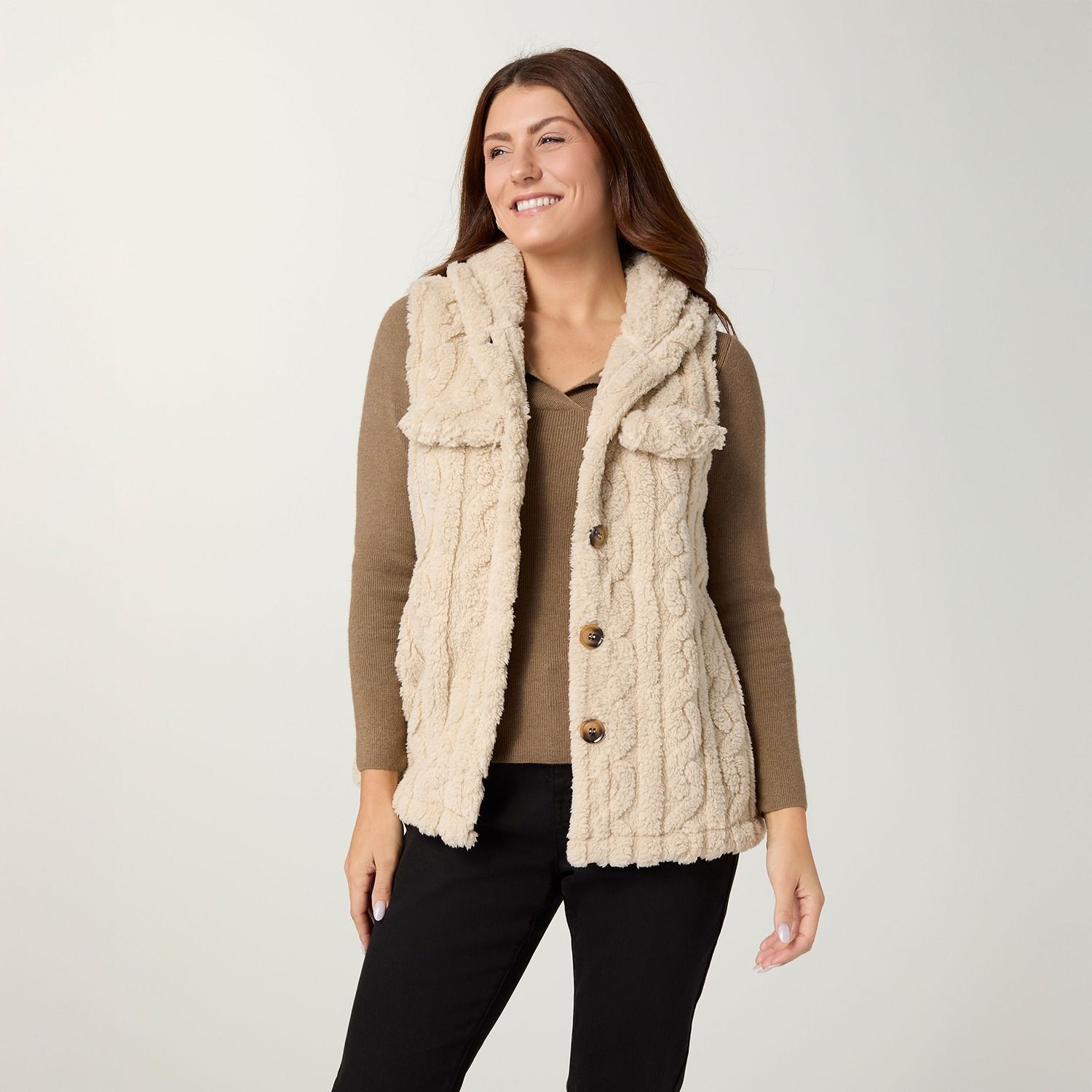 Andi Hooded Vest w/ Pockets, Color: Doeskin, Size: Small/Medium