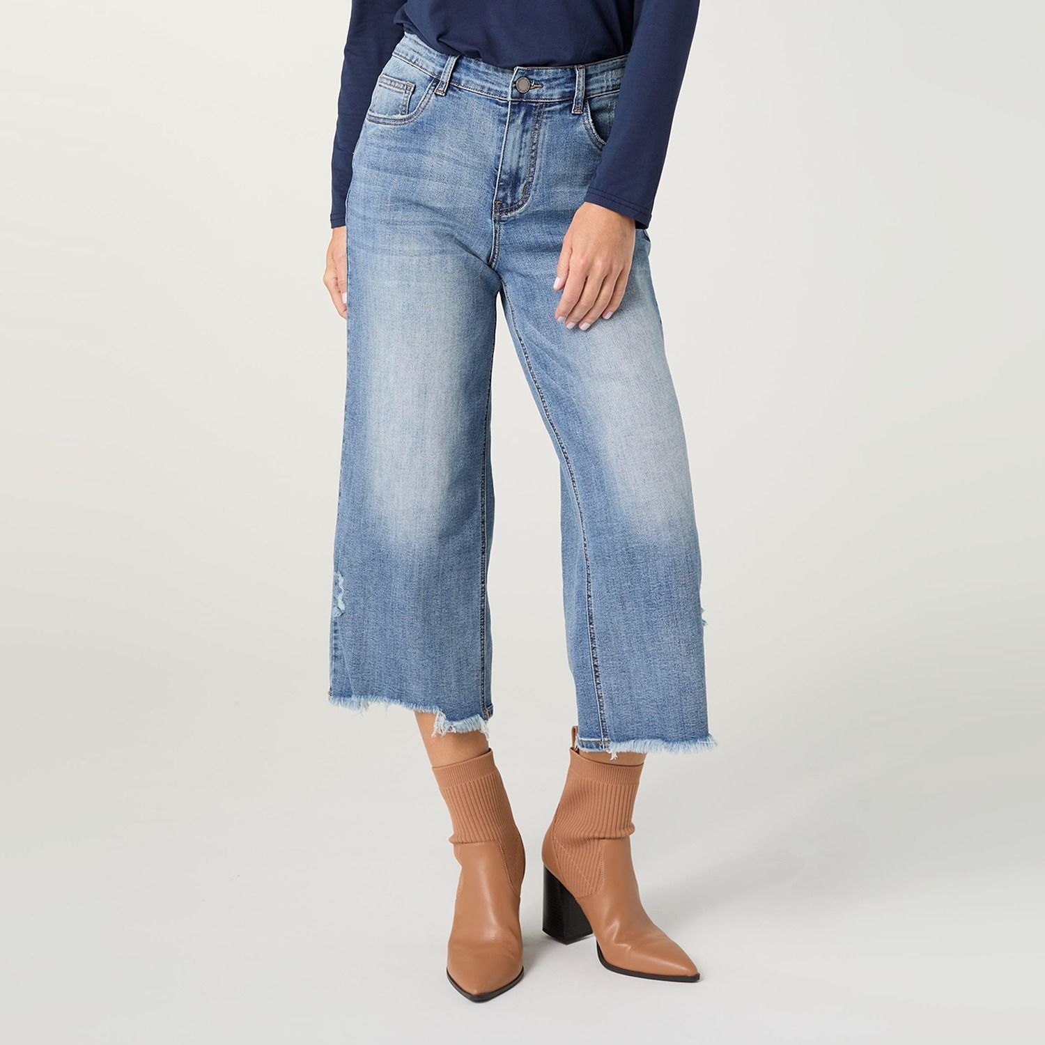 Bambu Soft Wide Crop Distressed Fringe Jeans, Size: Small