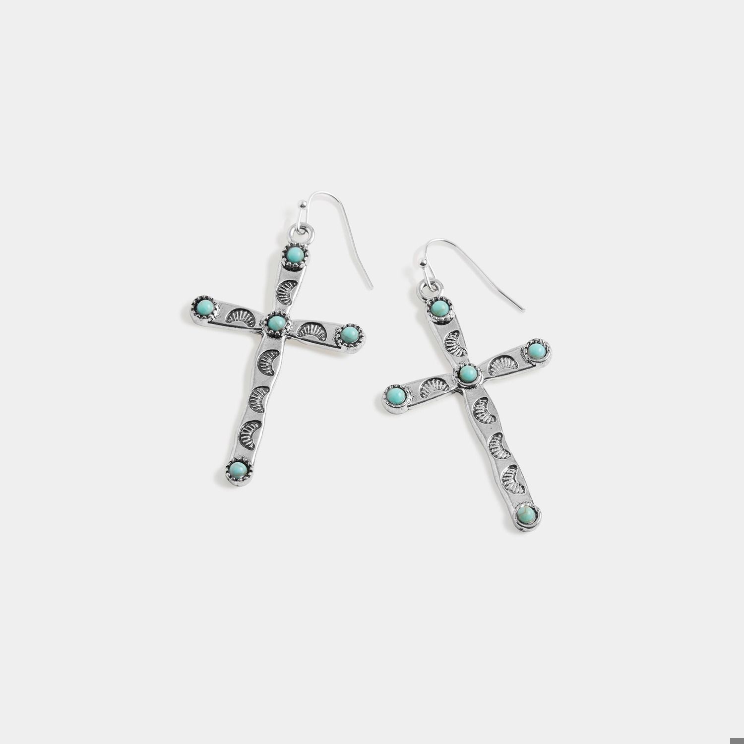 Whispers Turquoise Embellished Cross Earrings - Silver