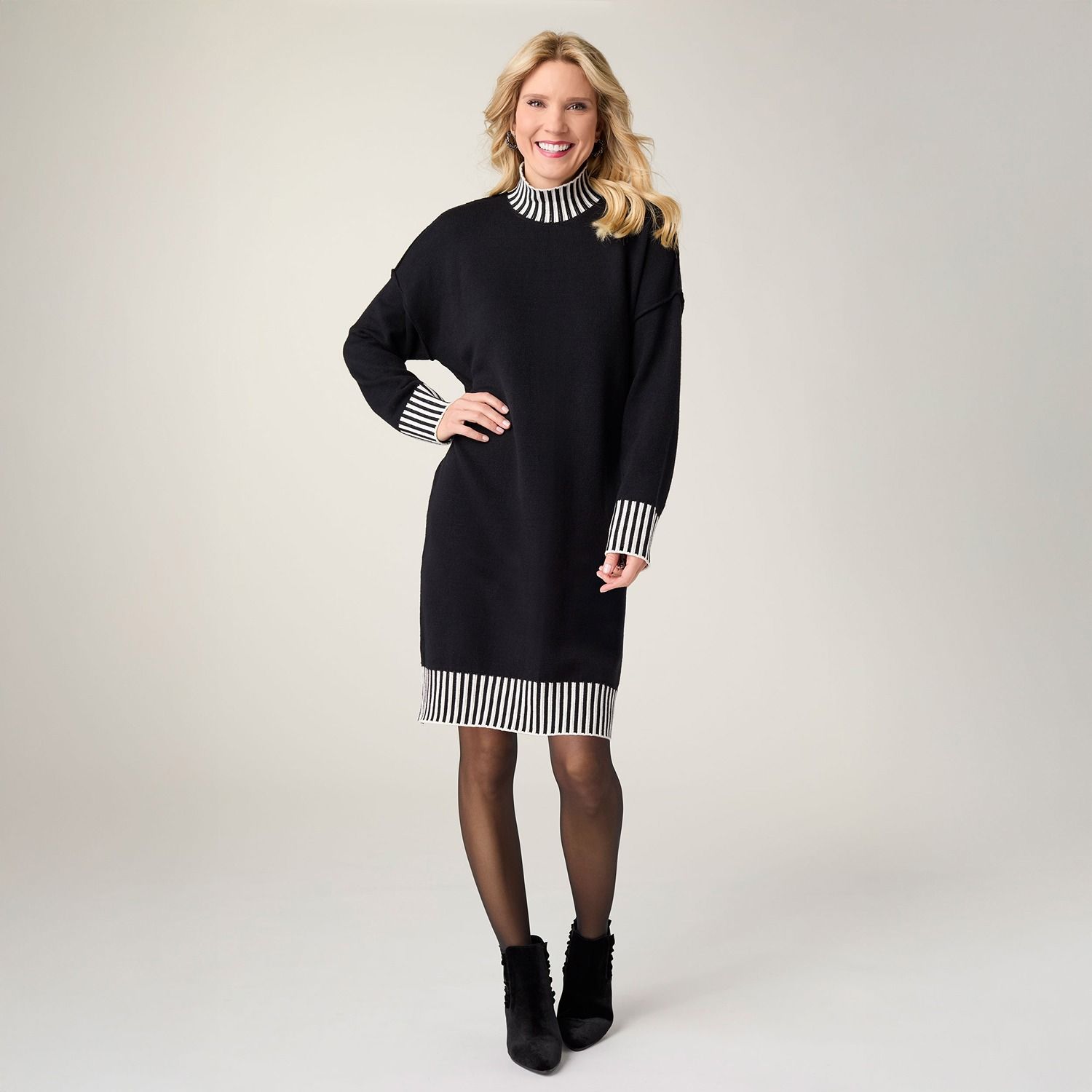 Jayla Knit Dress w/ Striped Trim, Color: Black, Size: Small/Medium