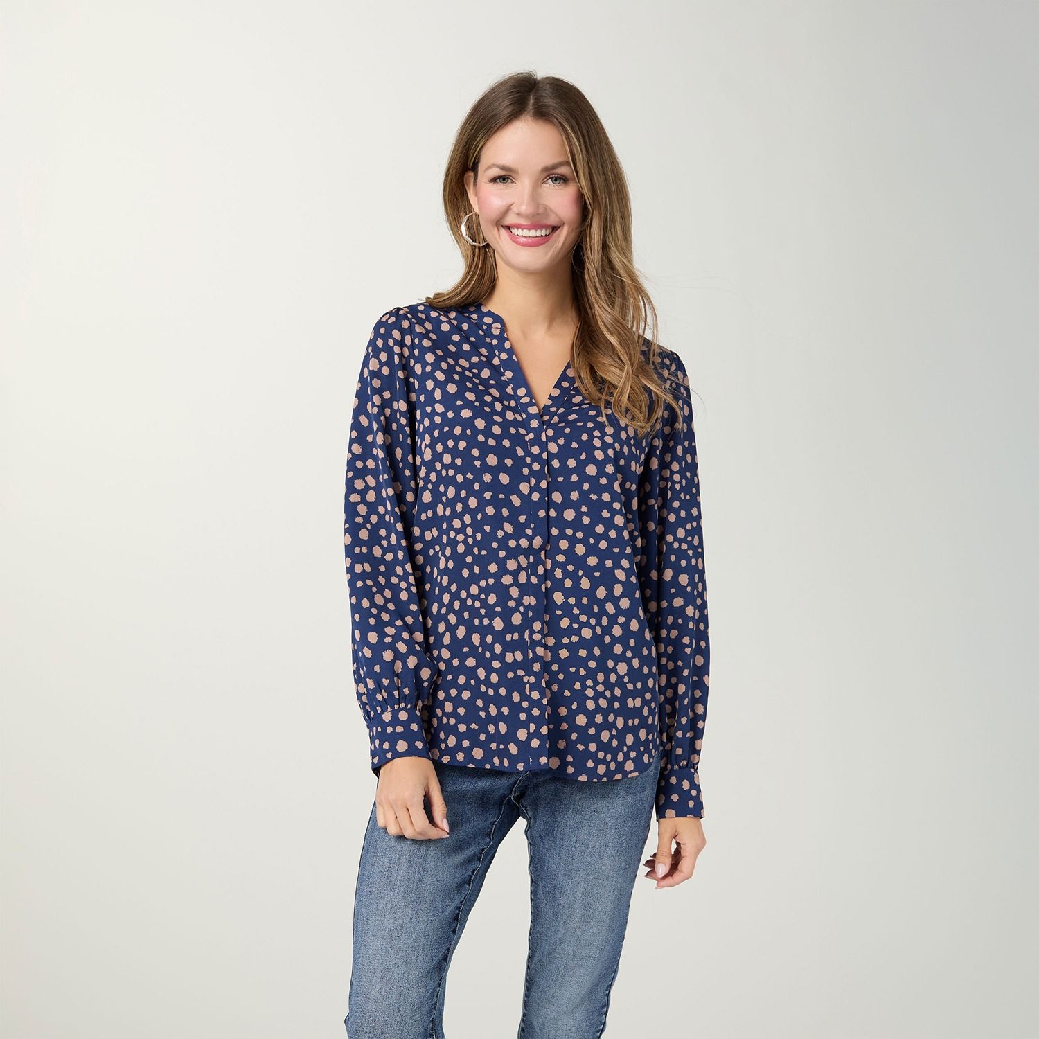 Suki V-Neck Printed Blouse, Color: Navy, Size: Small/Medium