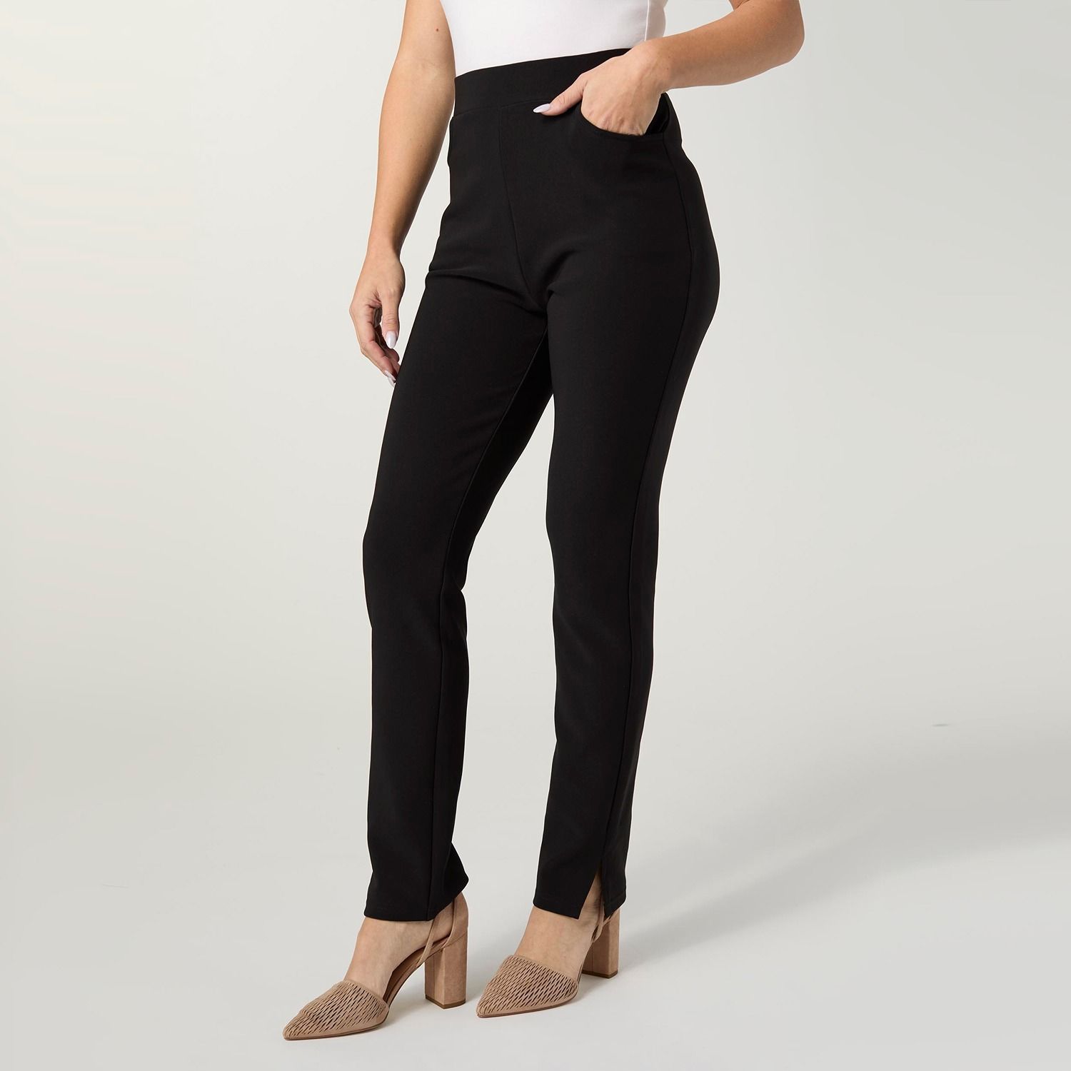 Georgie Straight Leg Pant w/ Side Slit, Color: Black, Size: Small/Medium