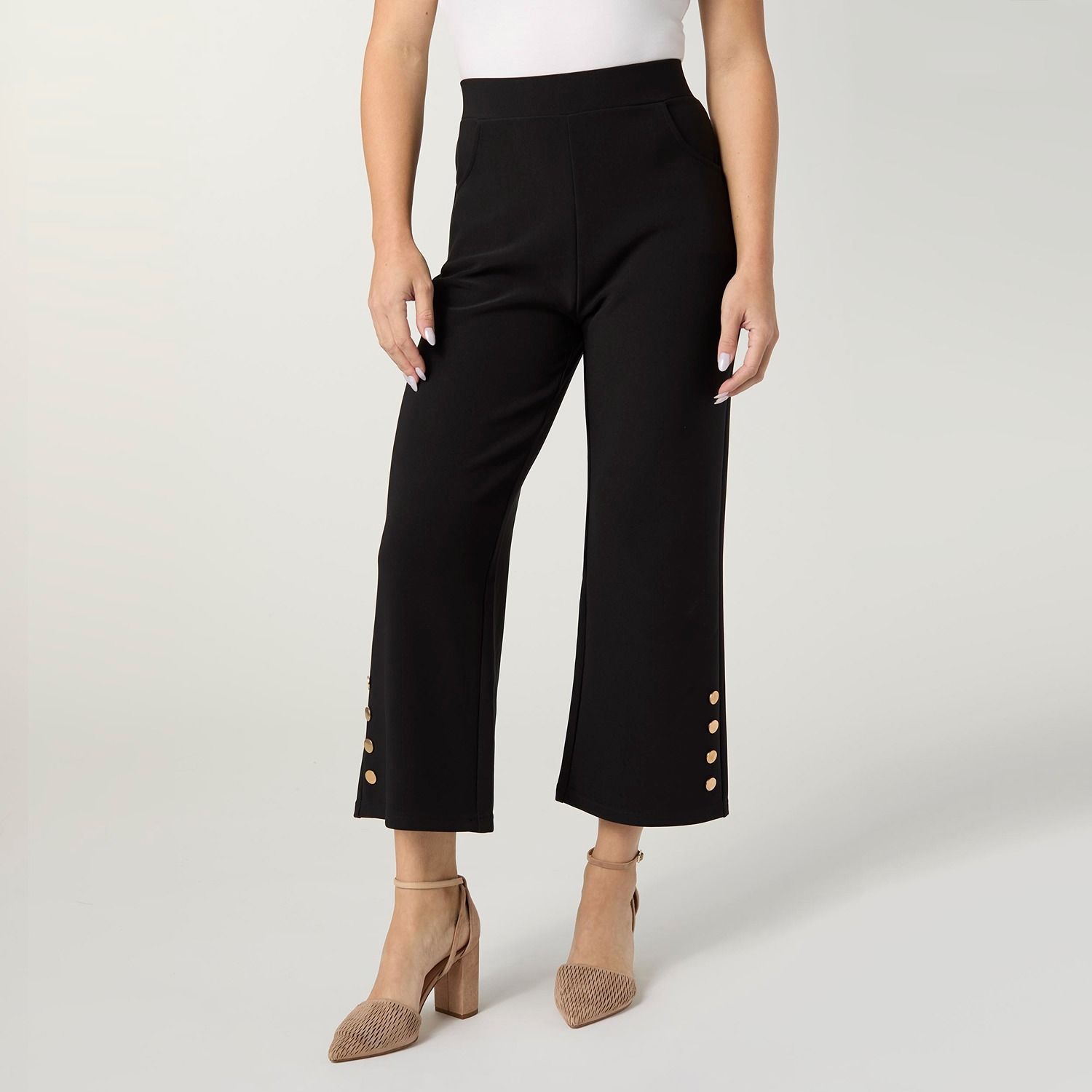 Georgie Wide Leg Crop Pant w/ Side Buttons, Color: Black, Size: Small/Medium