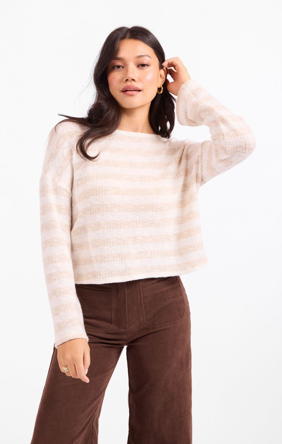 Billie Stripe Brushed Crewneck Top, Color: Cream Taupe, Size: X-Small
