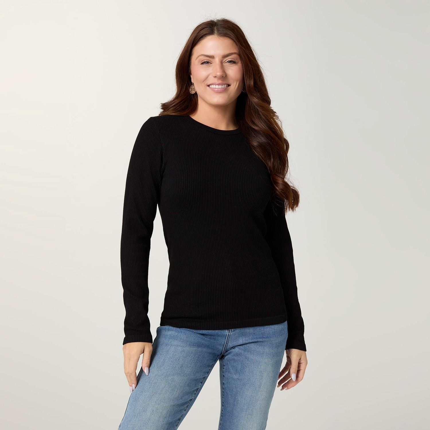 Ultra-Lush Seamless Ribbed Crew Neck Top, Color: Black, Size: Small/Medium