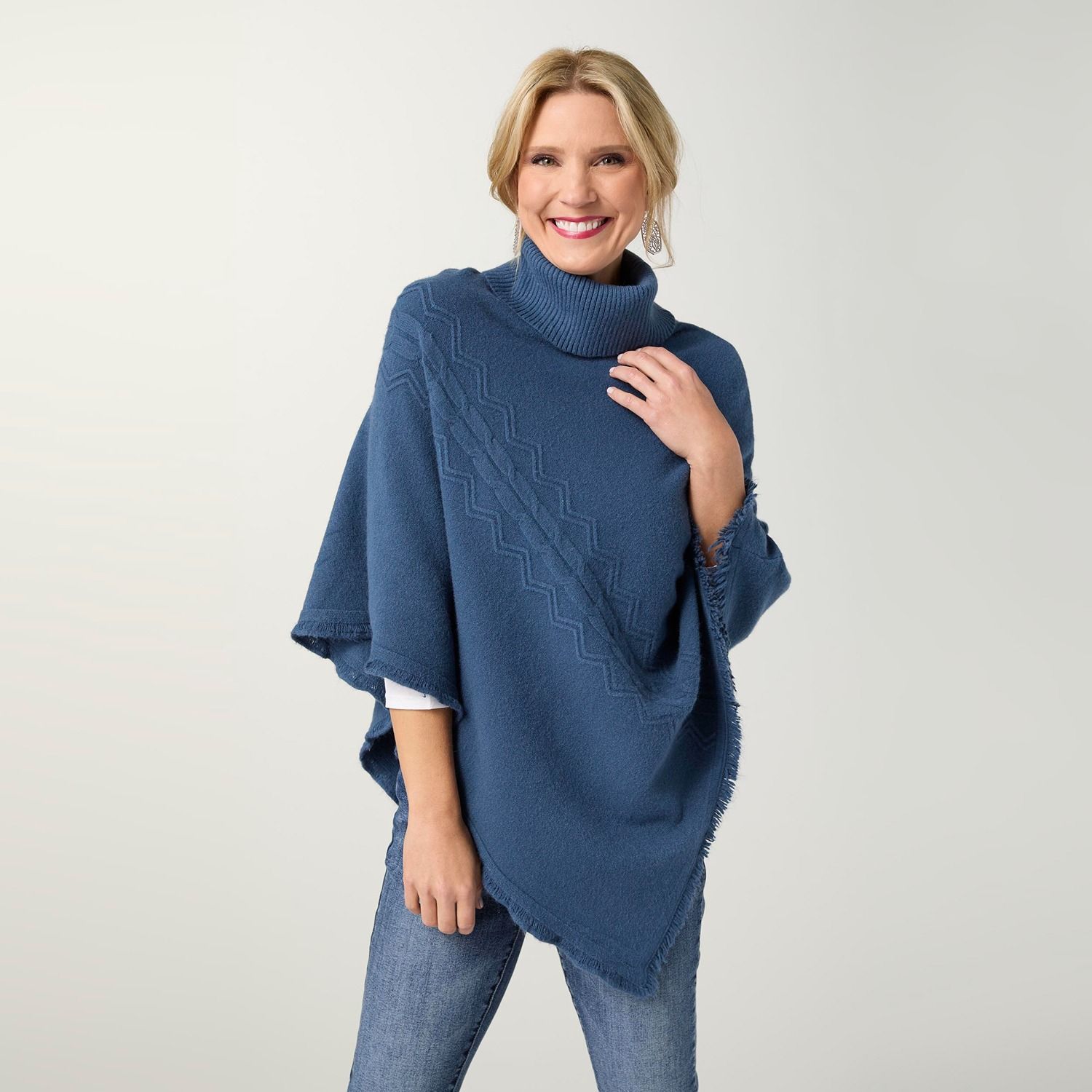 Heavenly-Luxe Cable Knit Turtleneck Poncho - One Size - Stellar Blue