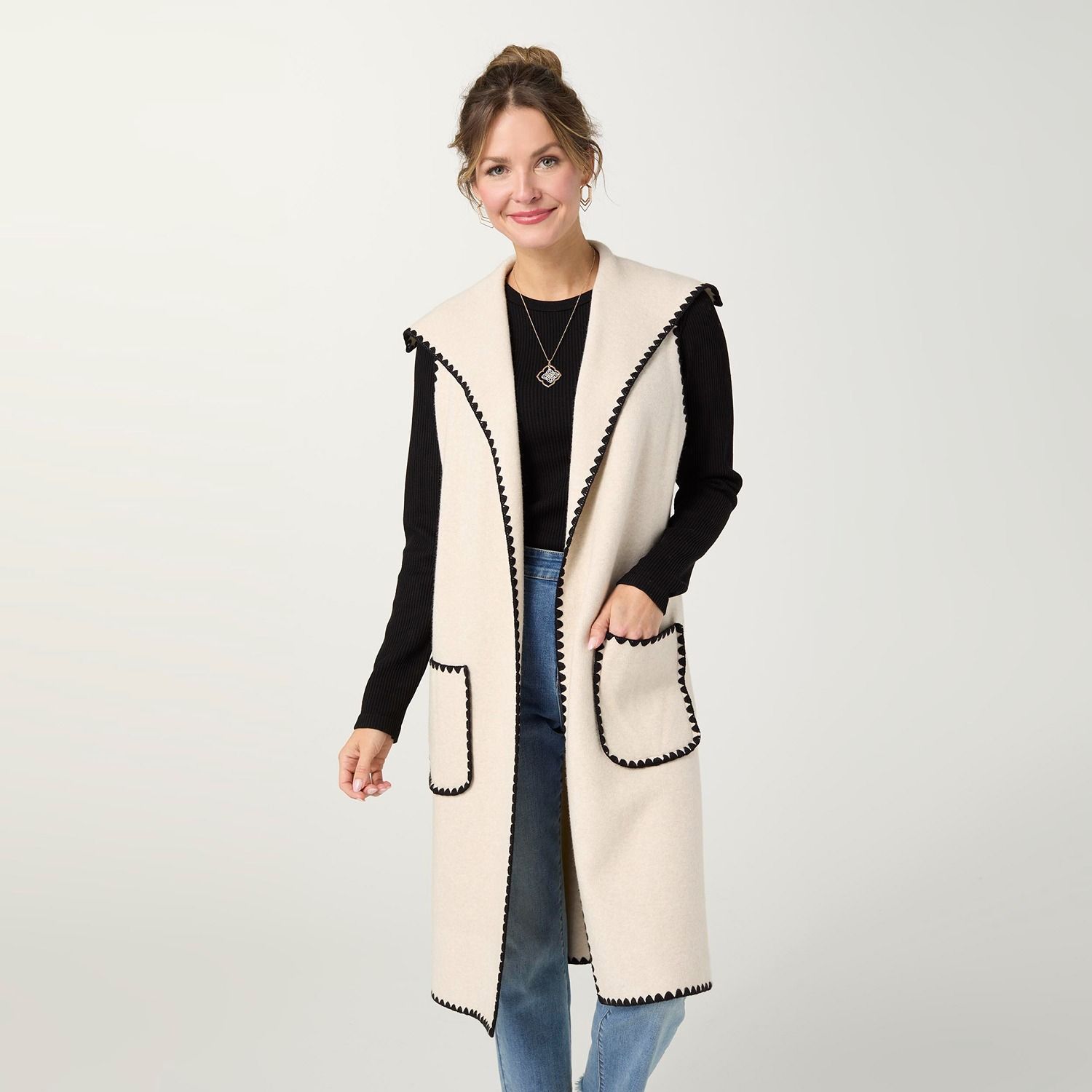 Heavenly-Luxe Long Vest w/ Contrast Trim, Color: Oatmeal, Size: Small/Medium