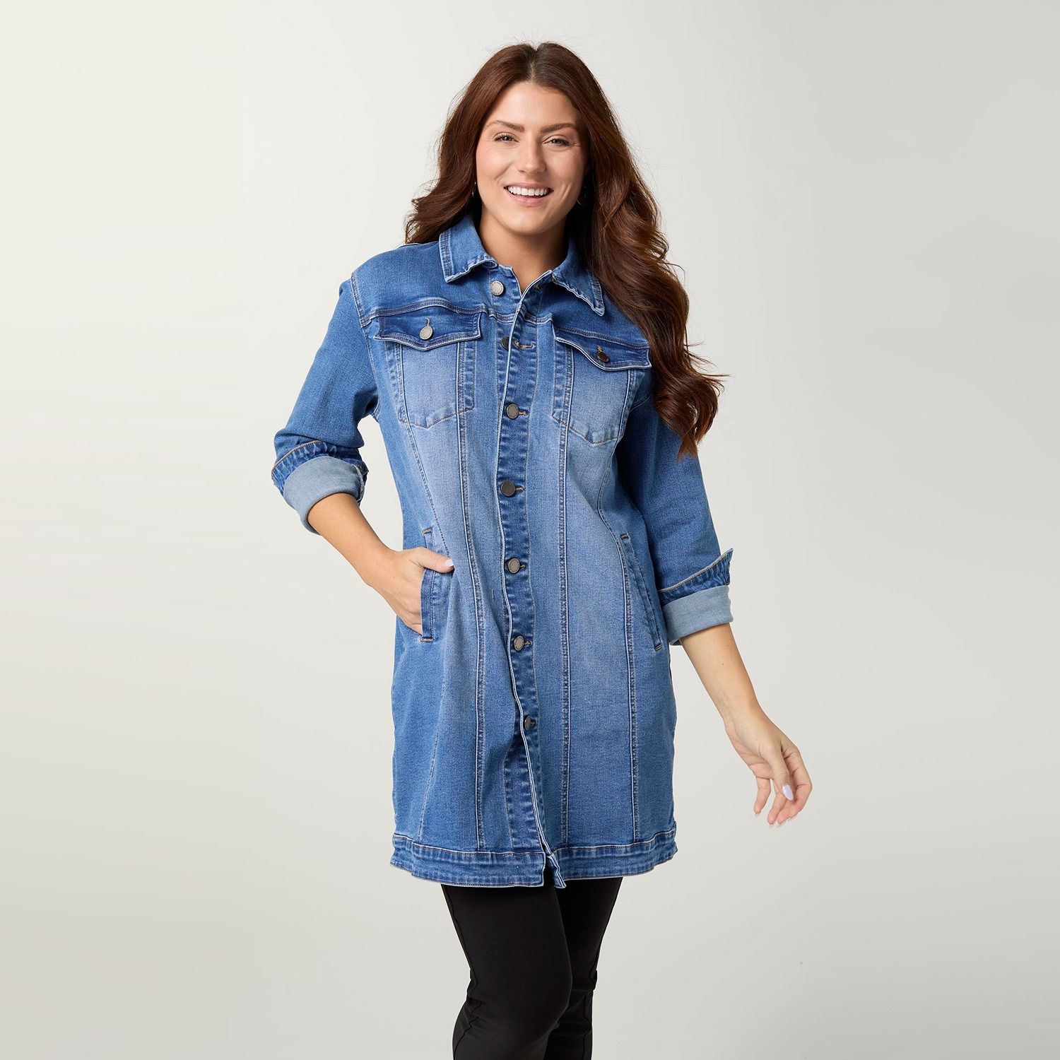 Everstretch Long Trucker Jacket, Color: Medium Denim, Size: Small/Medium