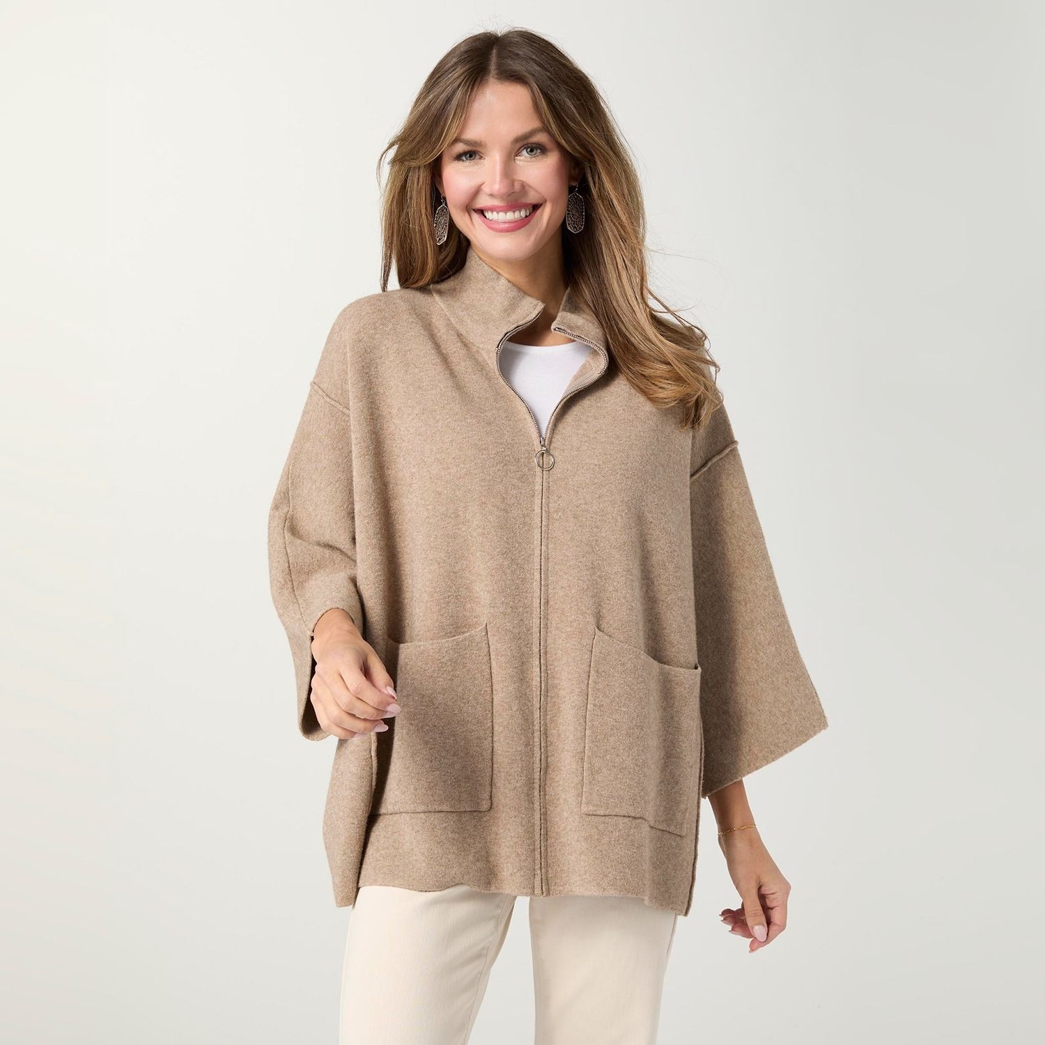 Heavenly-Luxe Zip Cardigan w/ Pockets, Color: Beige Heather, Size: Small/Medium