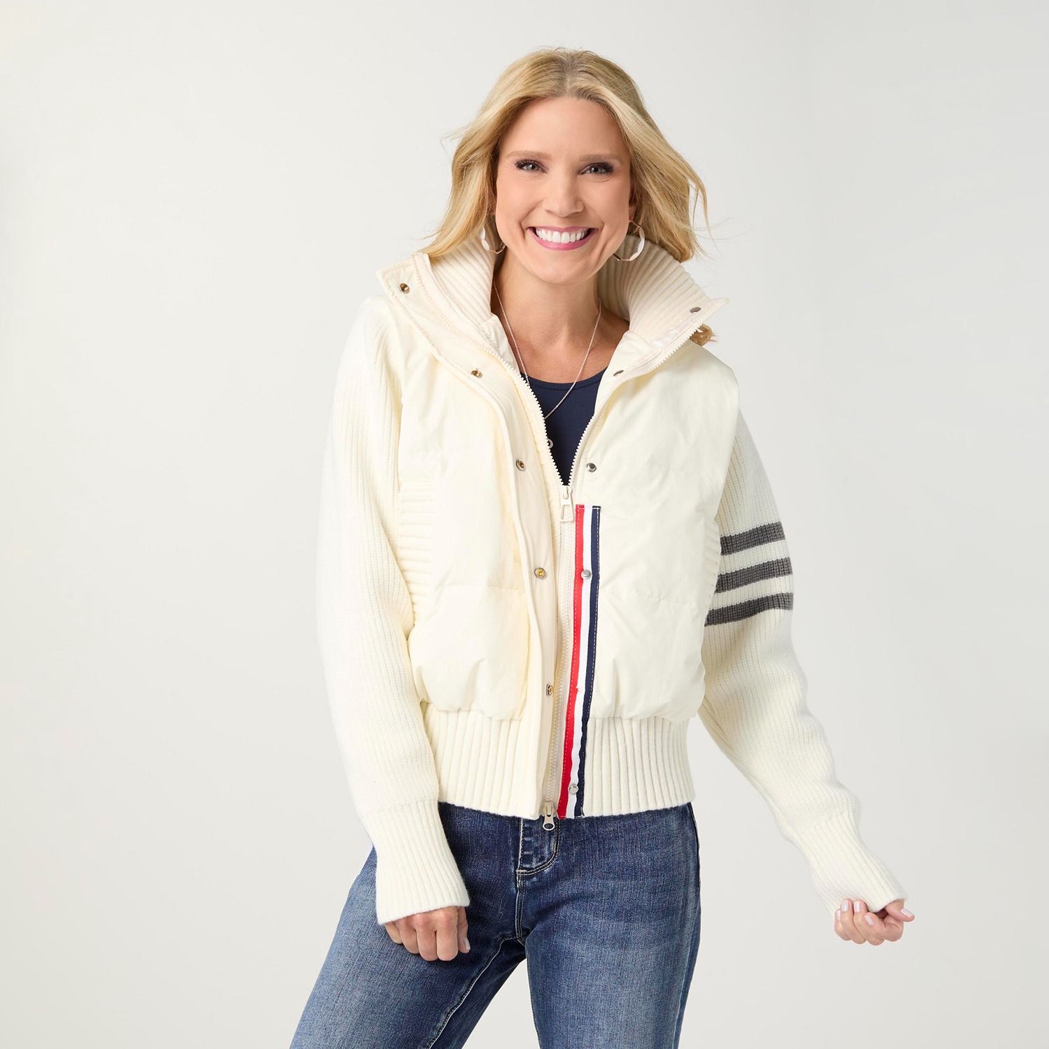 Bavaria Down Puffer Jacket w/ Sweater Sleeve, Color: Winter White, Size: Small/Medium