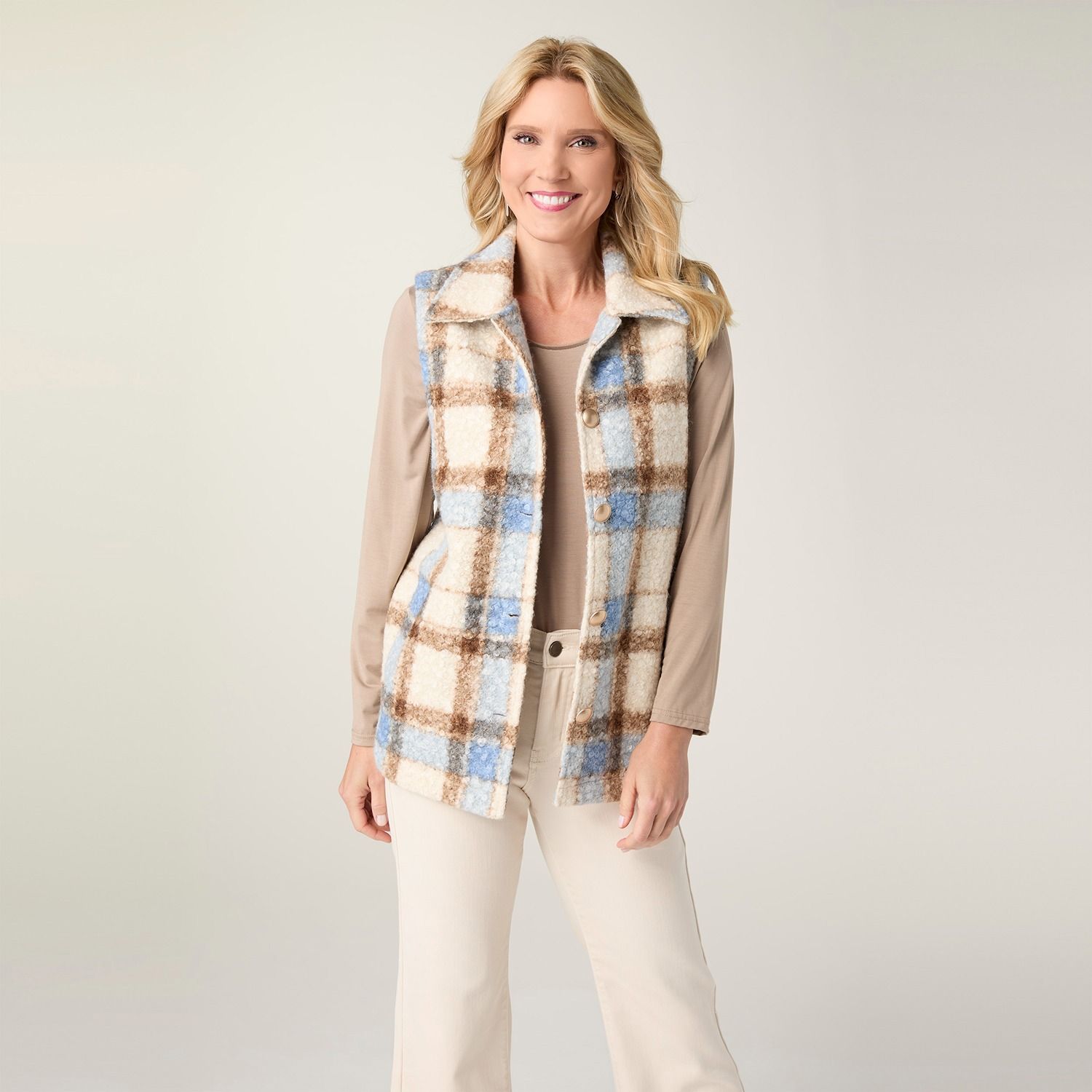 Deidre Plaid Sherpa Vest, Color: Dusty Blue, Size: Small/Medium