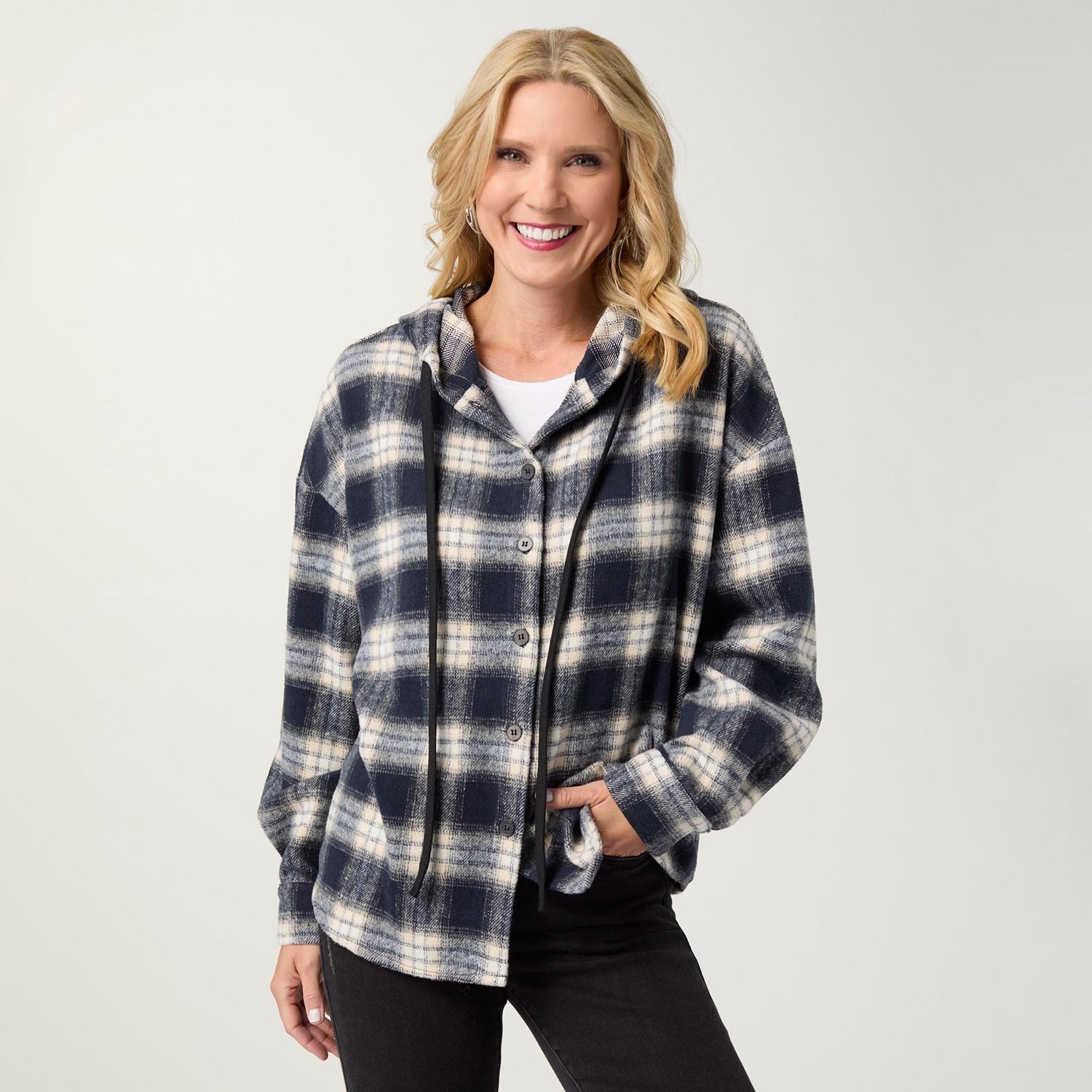 Ravina Hooded Plaid Flannel Shirt, Color: Navy/Cream, Size: Small/Medium