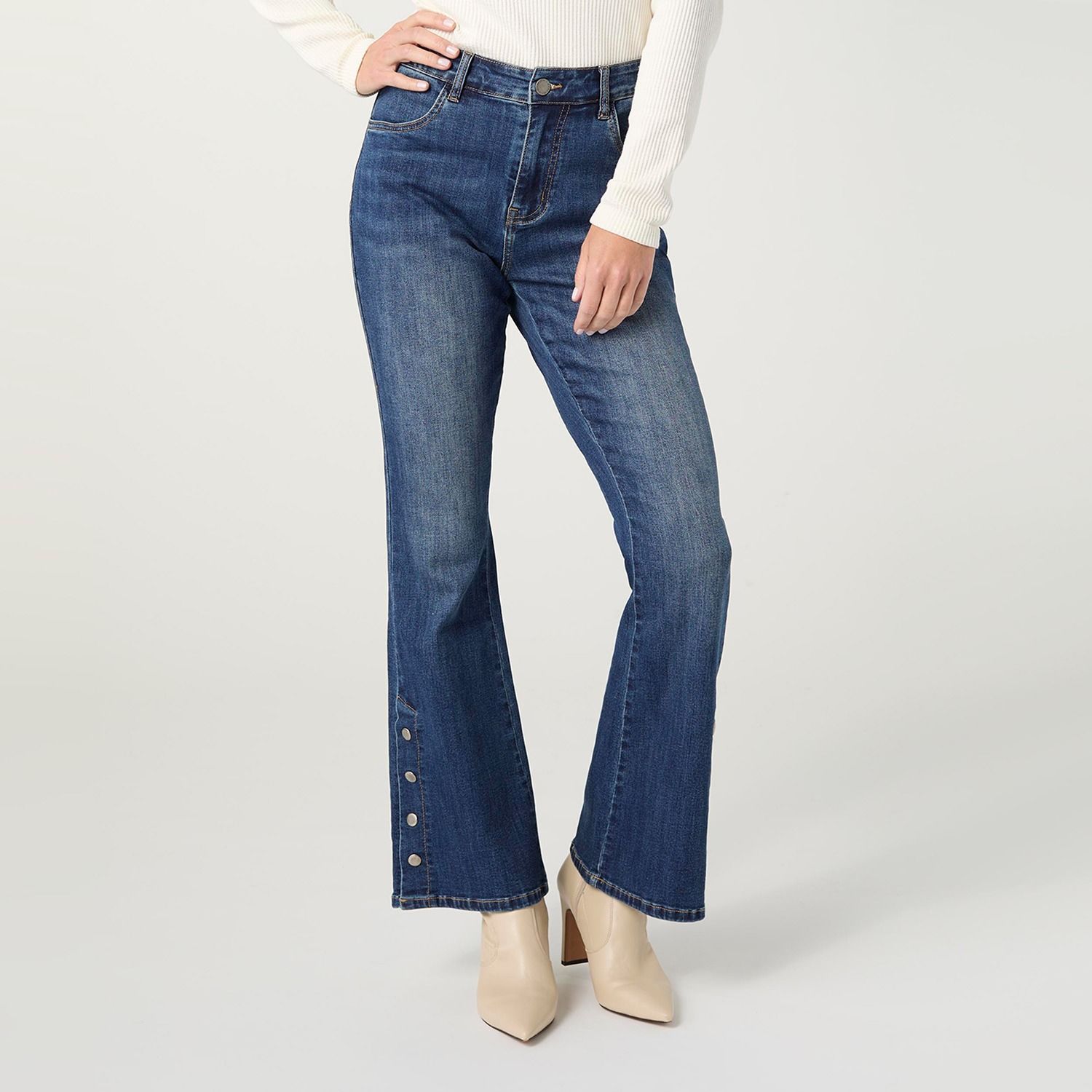 Bambu Soft Flare w/ Side Snap Bottom Jeans, Color: Medium Denim, Size: Small