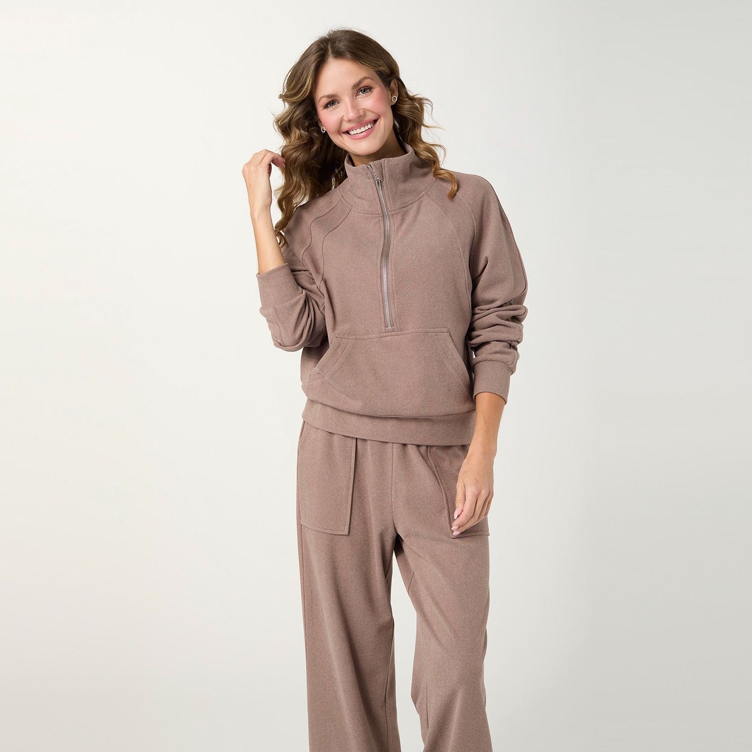 Weekend Brished Half Zip Crop Long Sleeve, Color: Hardwood, Size: Small/Medium