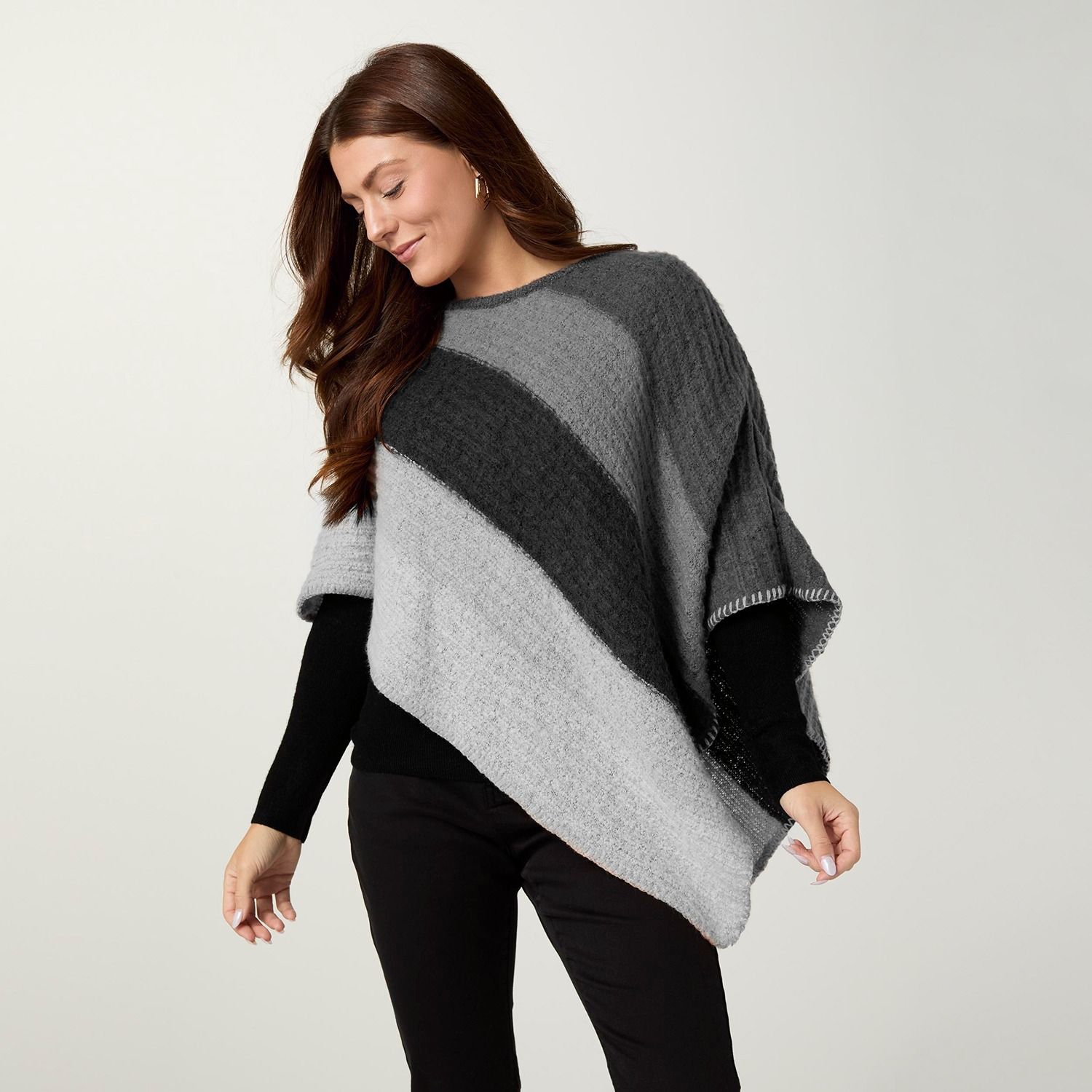 Arden Supersoft Stripe Poncho - One Size - Grey/Black/Charcoal