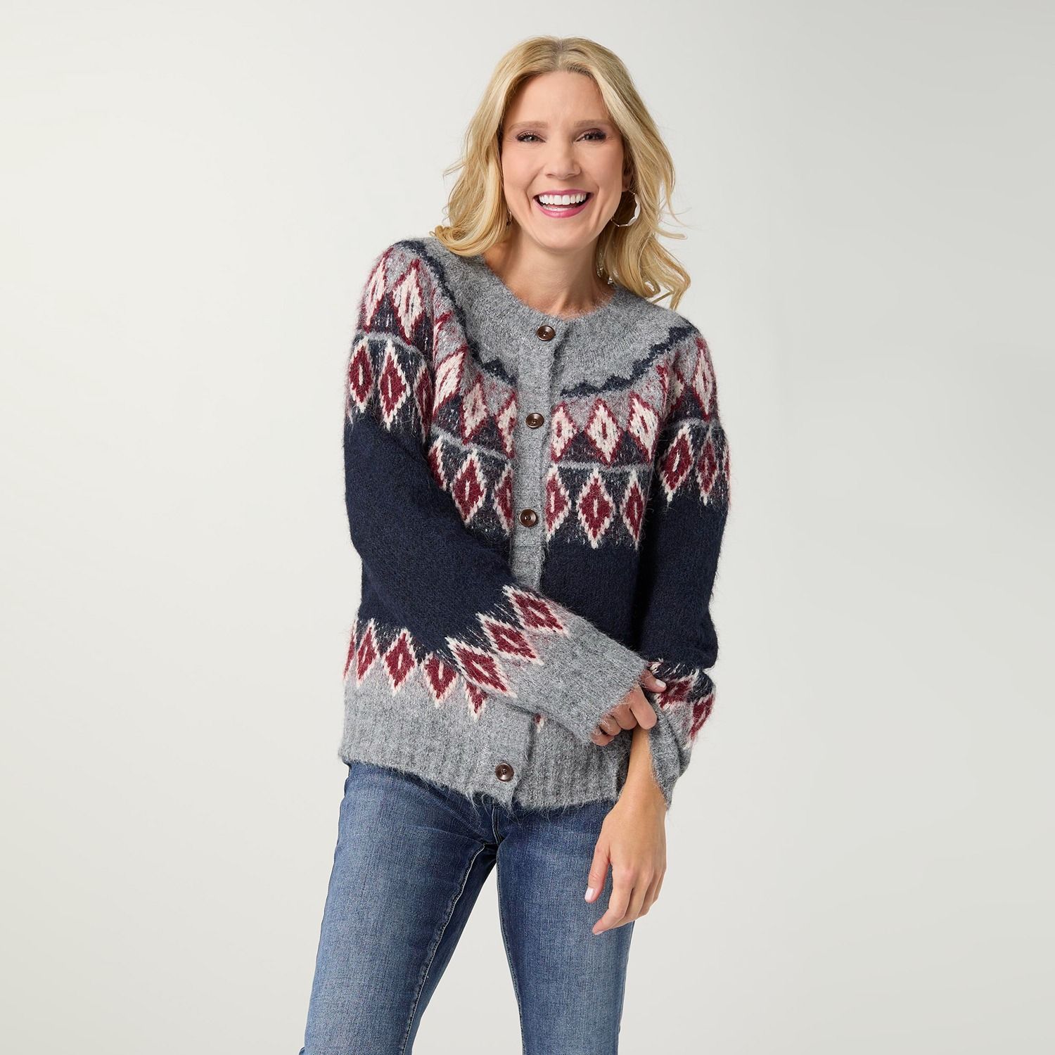 Kuna Button Front Cardigan, Color: Navy/Rumba Red, Size: Small/Medium