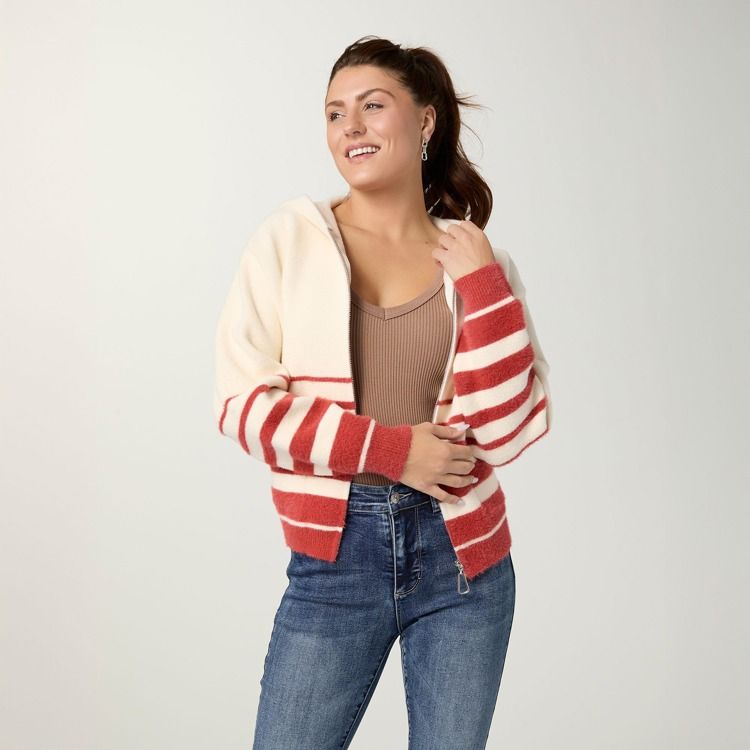 Sonja Hooded Zip Front Stripe Cardigan, Color: Ivory/Rust, Size: Small/Medium