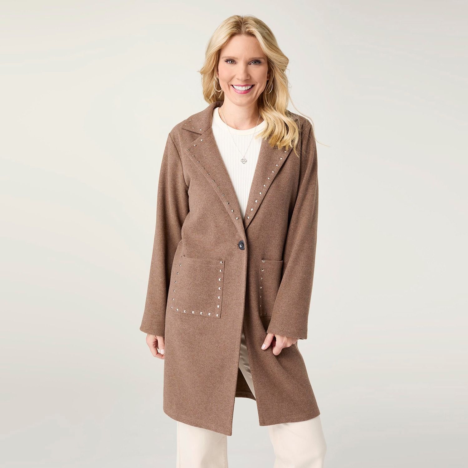 Anice Lightweight Brushed Cardigan w/ Rivets, Color: Mocha, Size: Small/Medium