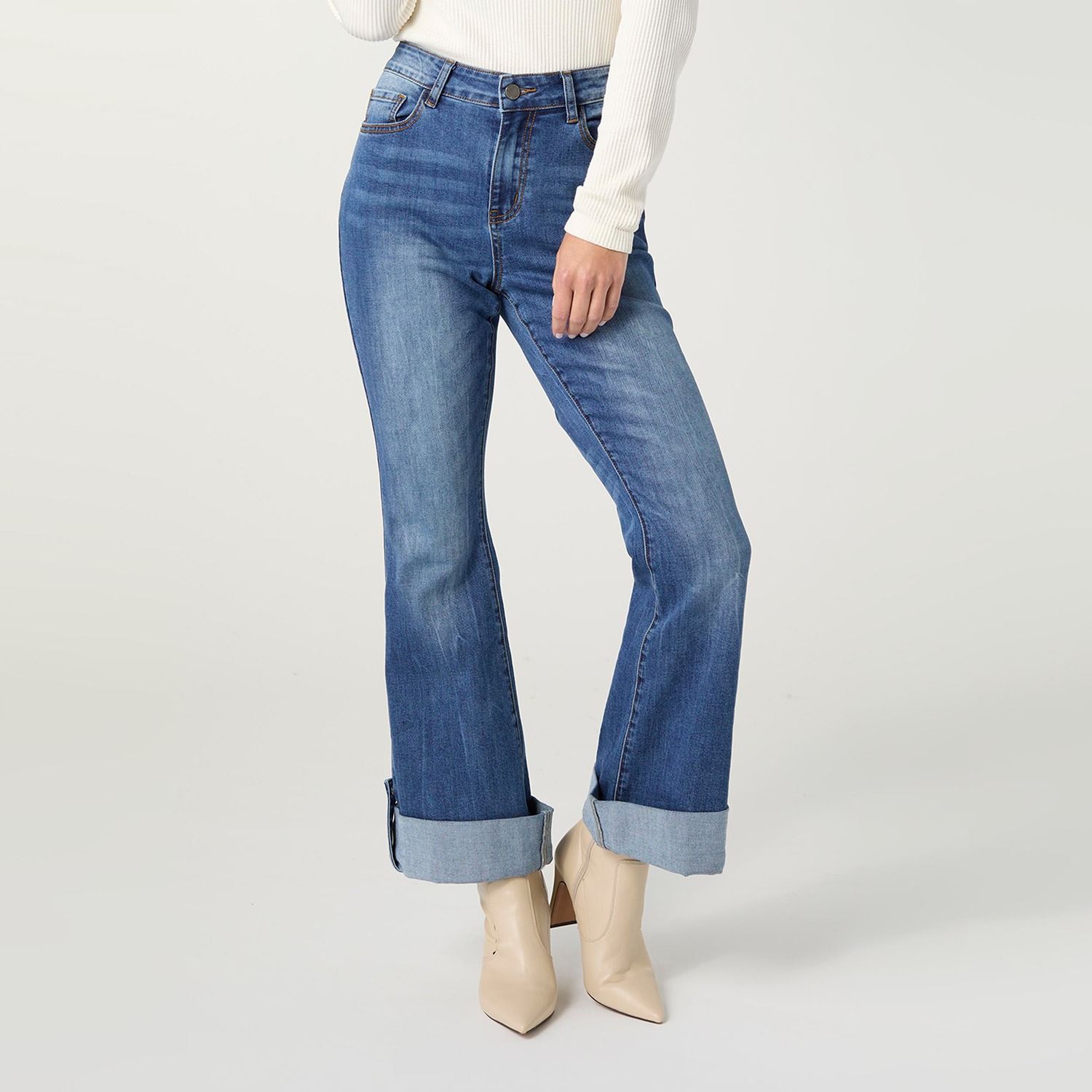 Bambu Soft Flare Ankle w/ Snap Roll Cuff Jeans, Color: Medium Denim, Size: Small