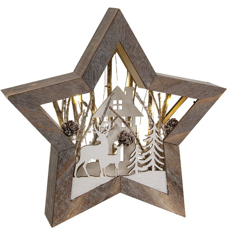Star Cutout Winter Home Scene w/LED Lights - 9.5"