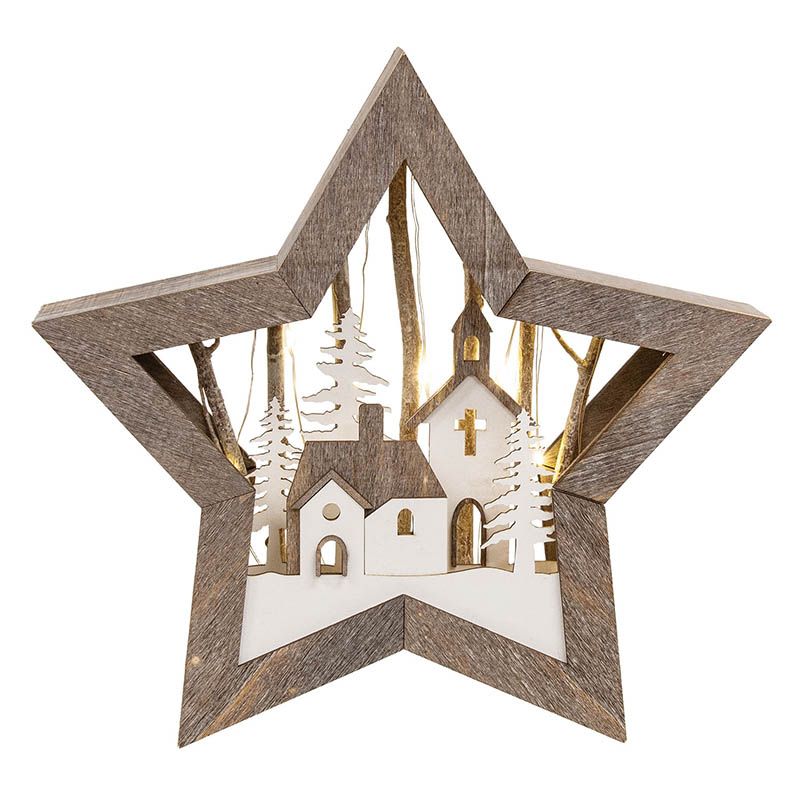 Wooden LED Star w/ Church Scene - 10.5"