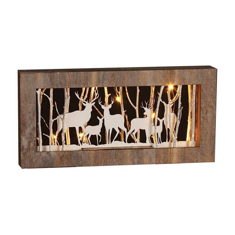 White Wash Deer Frame w/ Twigs, LED Lights and Timer - 14.5"
