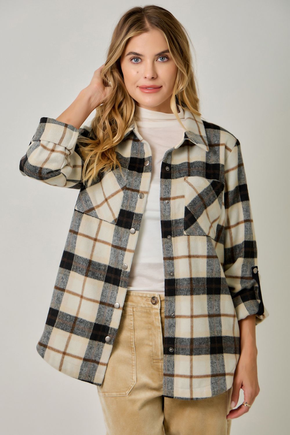 Shirt Jacket Plaid, Color: Ivory, Size: Small