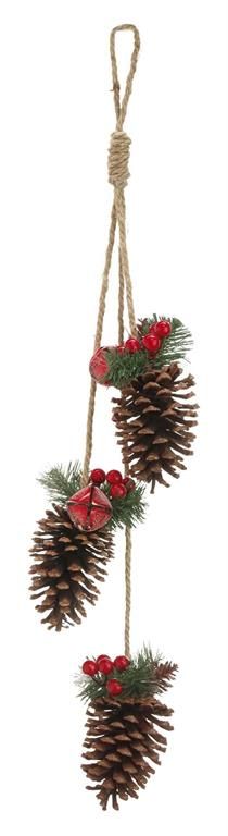 Hanging Pinecone w/ Pine &amp; Bell On Top - 28" - Brown, Color: Brown