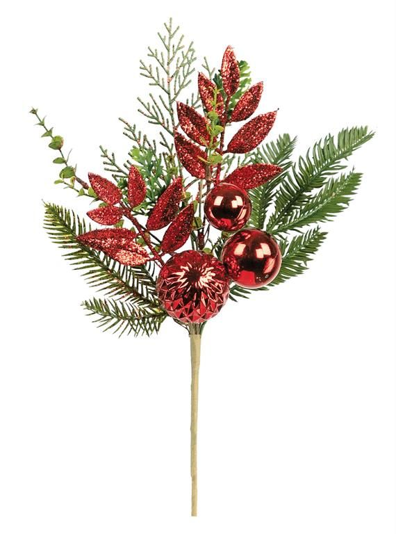 Glittered Cedar Pine Pick w/ Balls - 17" -Red