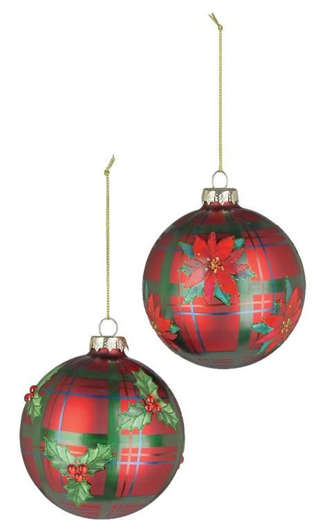 Holly &amp; Poinsettia Ball Ornament - 4" - 2 Styles - Red/Green