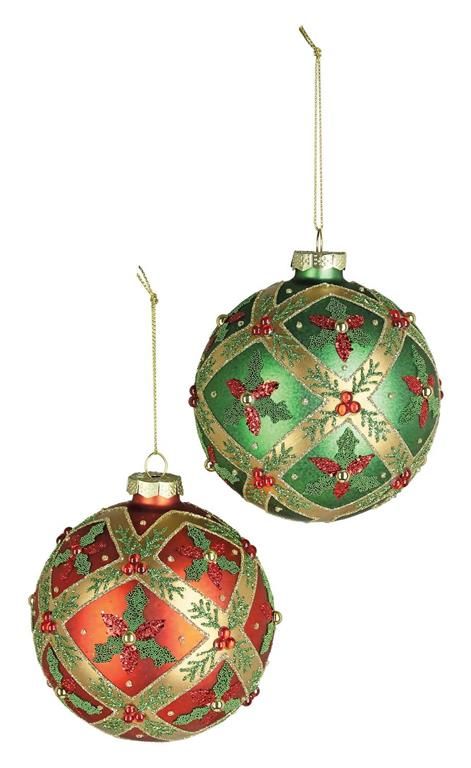 Matte Ball w/Caviar Holly Leaf Ornament - 4" - 2 Styles - Red/Green