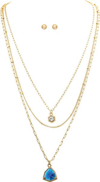 Faceted Gem Three Layer Necklace Set - Gold/Blue