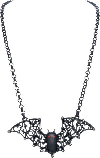 Crystal Eyed Filigree Bat Necklace - Black