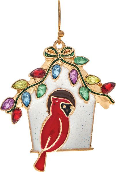 Holiday Red Cardinal Birdhouse Enamel Earrings - Gold
