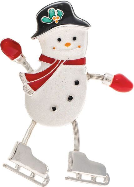Ice Skating Holiday Snowman Pin - Silver