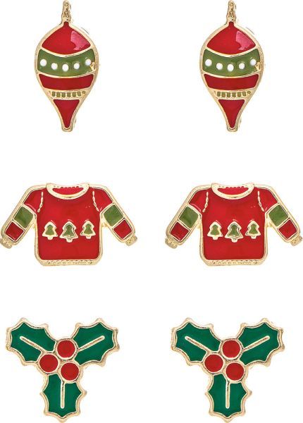 Holly, Ugly Sweater, Ornament Post Earrings - Set of 3