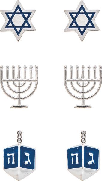 Menorah Dreidel Star Post Earrings - Set of 3