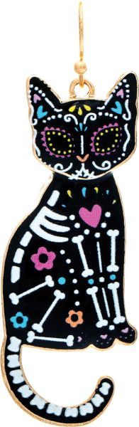 Bright Multicolor Calavera Kitty Earrings - Black/Gold