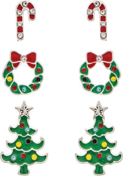 Candy Cane Wreath Tree Enamel Post Earrings - Set of 3