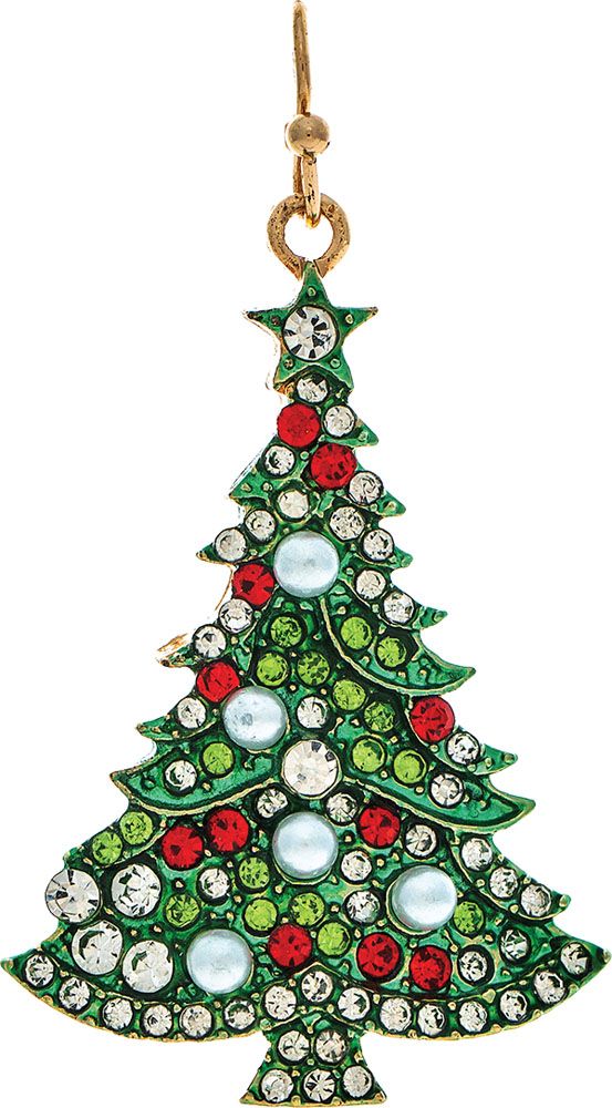 Pearly Crystal Christmas Tree Earrings - Gold/Green