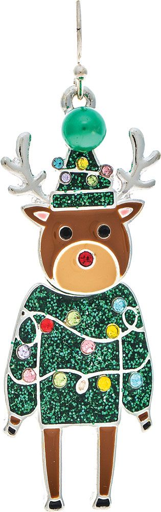 Green Sweater Reindeer Bobble Earrings - Silver