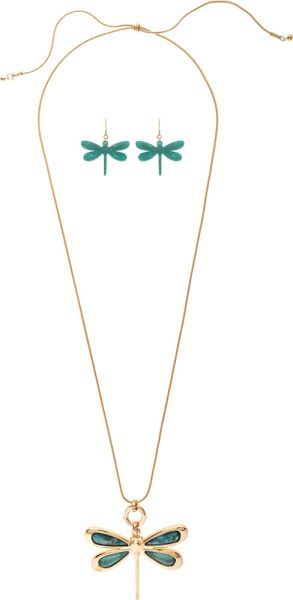 Blue Winged Dragonfly Necklace Set - 24" - Gold
